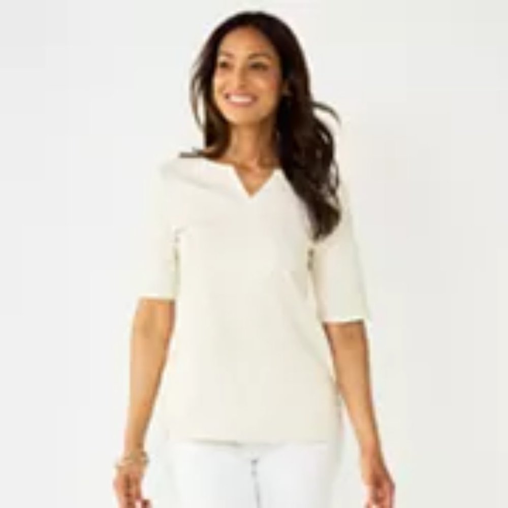 Croft & Barrow Beige/White Floral Elbow-Sleeve Splitneck Top / NWT / Size XXL